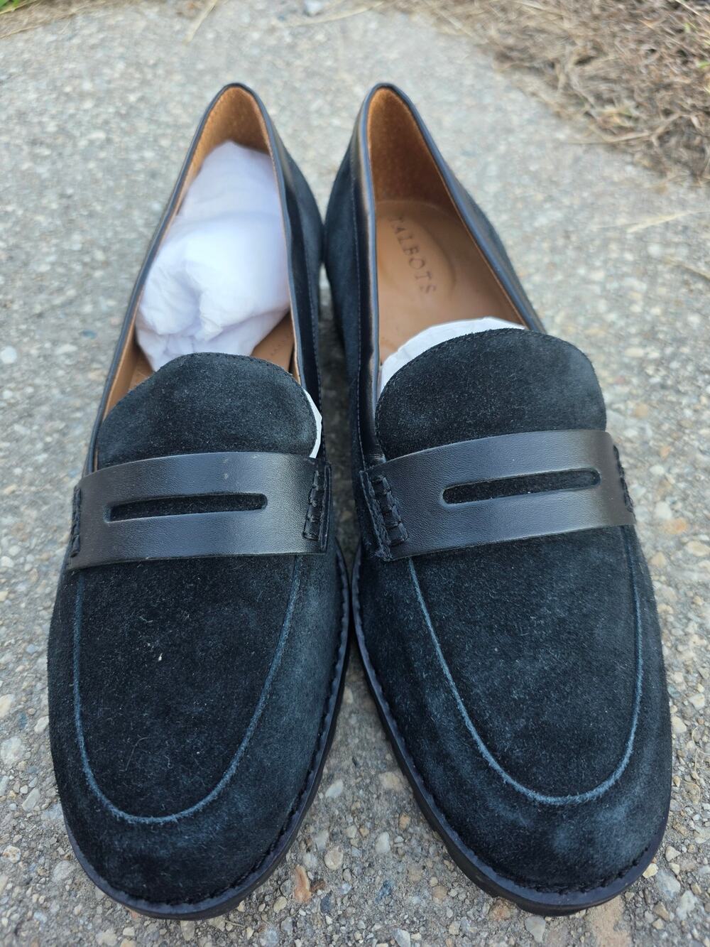 Talbots Black Suede Penny Loafers Leather Upper Slip On Flats Shoes 8.5M NWOT